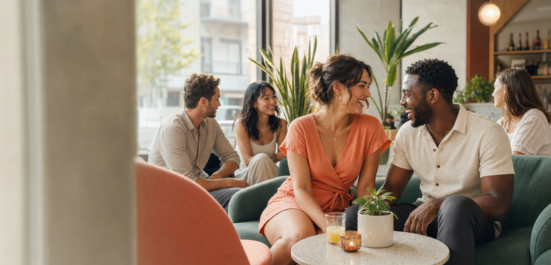 People chatting in a bright cafe lounge