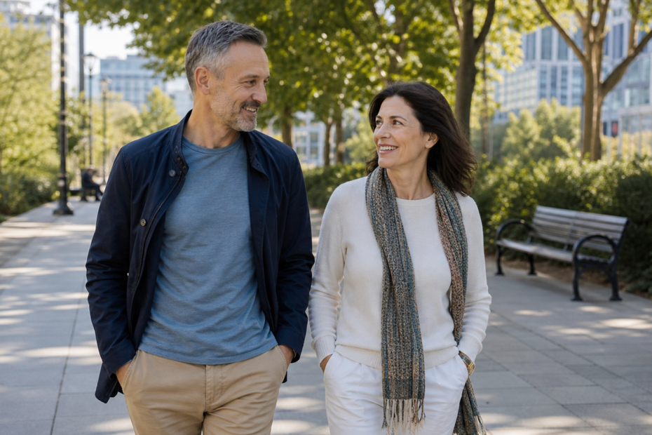 A mature professional couple over 40 walking together on a relaxed city park date